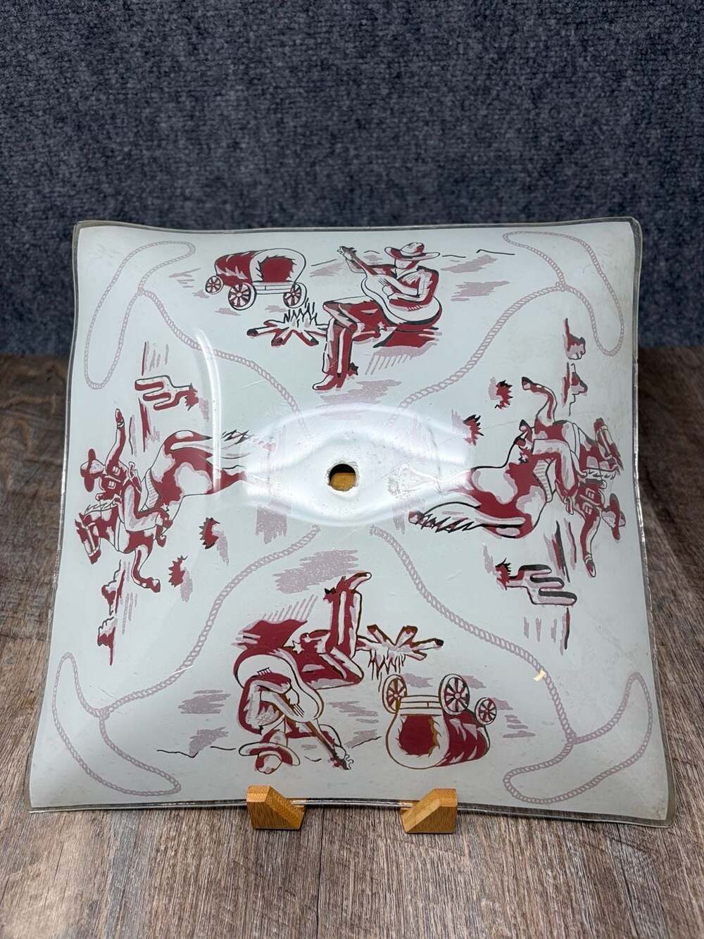 Vintage 1950s Glass Ceiling Light Shade Western Cowboy Rodeo 11.5"Square red/wht